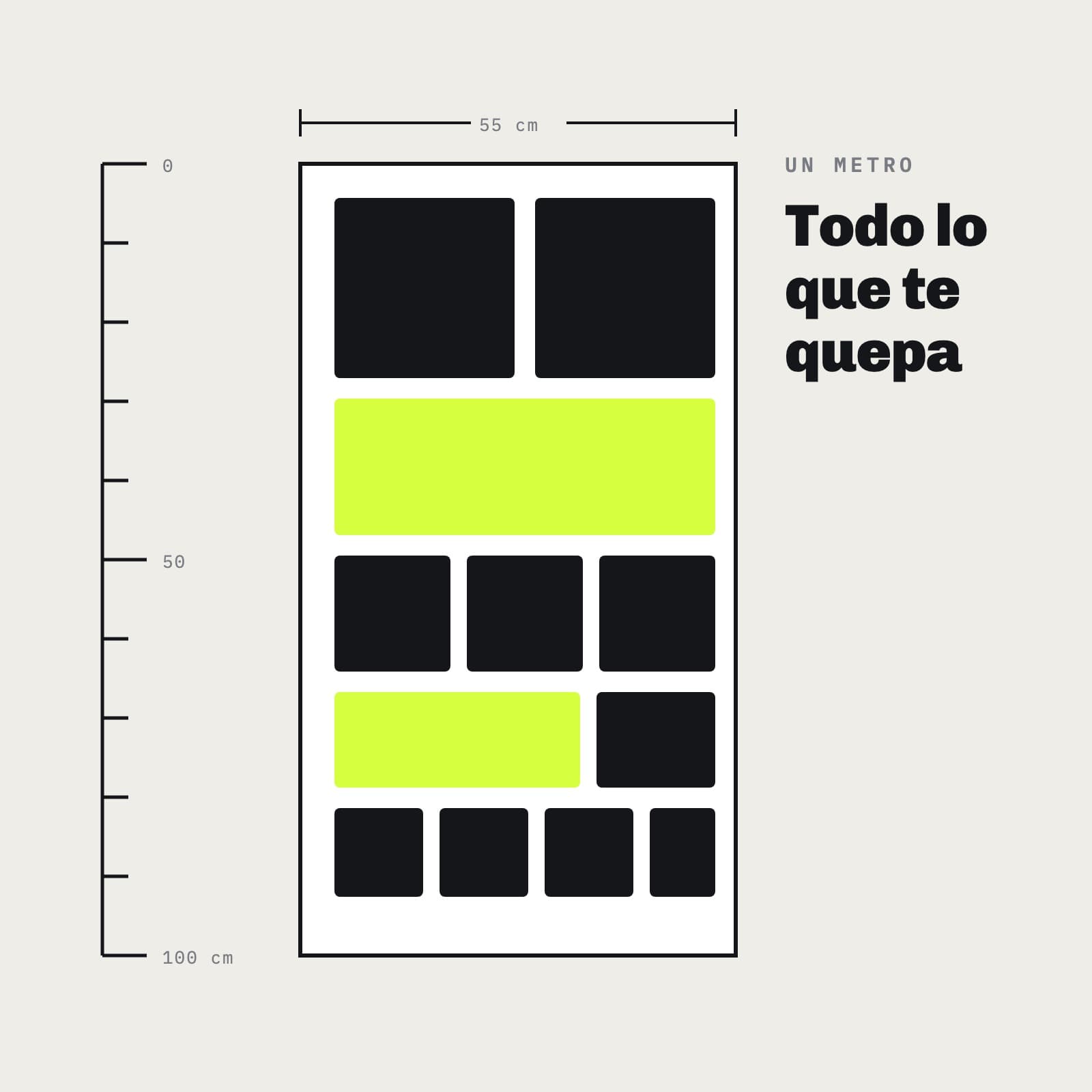 Esquema de un metro de DTF de 55 × 100 cm junto a una regla graduada, con varios diseños colocados dentro para aprovechar la superficie